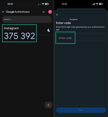 Google Authenticator's Instagram OTP after setting up two-factor authentication.