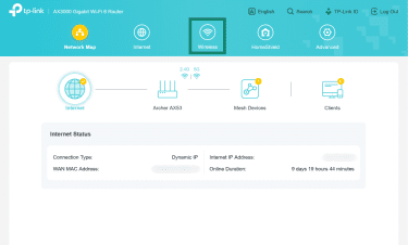 TP-Link router web dashboard with the Wireless option highlighted.
