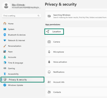 Location settings on Windows.