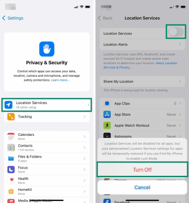 Turning off location services on iPhone.