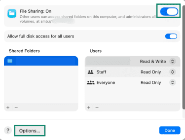 The Mac file sharing menu, showing the options button.