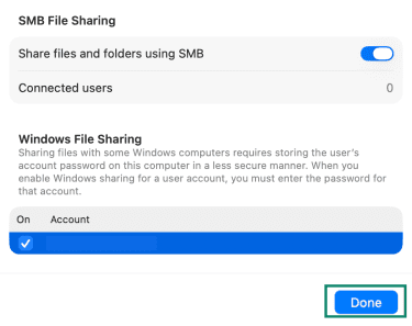 The SMB file sharing menu, showing the done button.