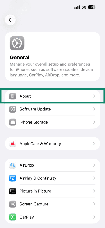 iPhone's General settings panel with the About item highlighted.