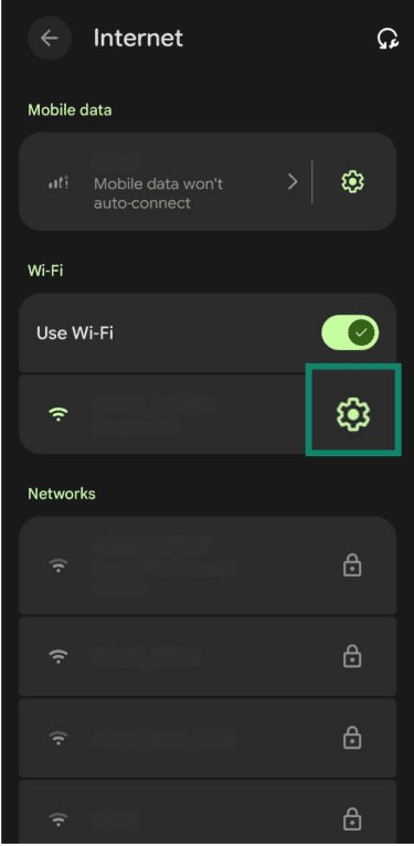 Gear icon next to the connected Wi-Fi network on Android.