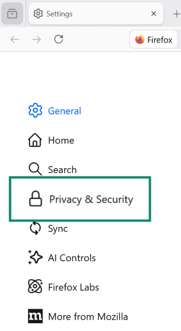 Firefox Settings menu with Privacy & Security highlighted.