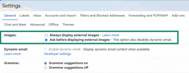 Gmail desktop settings showing Images set to ask before displaying external images.