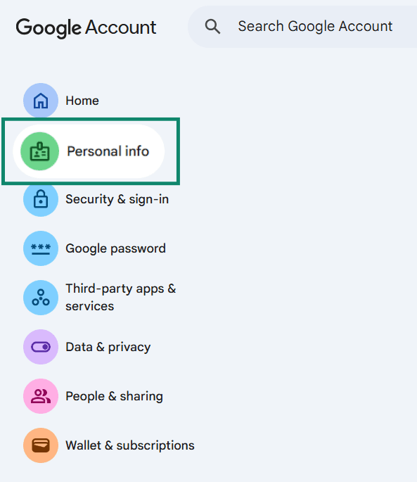 Google Account menu with Personal info highlighted