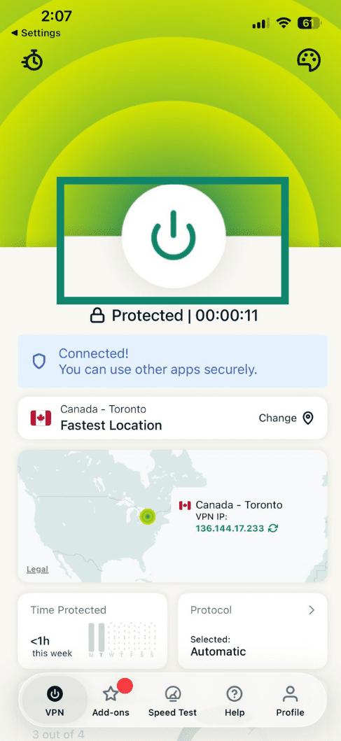 Tilsluttet ExpressVPN-server, der viser knappen til at afbryde forbindelsen