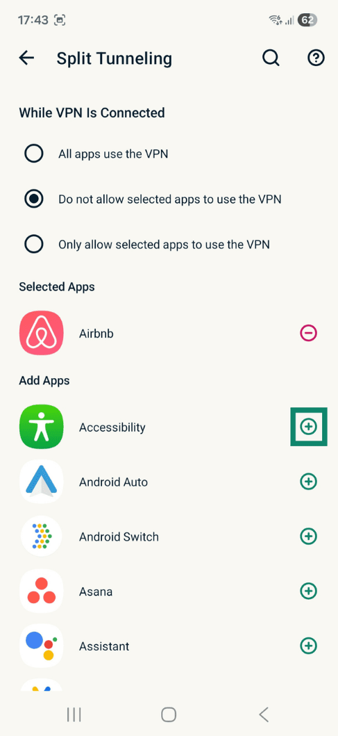Indstillinger for opdelt tunnel i ExpressVPN-appen til Android.