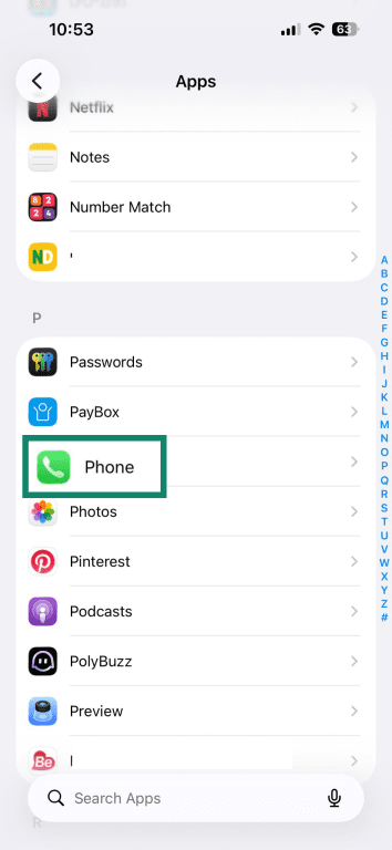 The Phone app is highlighted in the iPhone app settings.