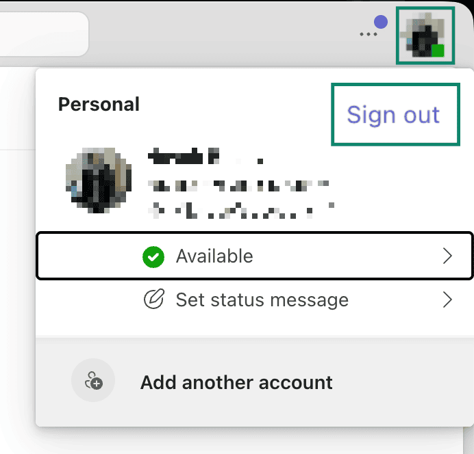 A menu that appears when a user clicks their profile icon in Teams, with Sign Out highlighted.