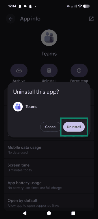 Android's prompt that appears when removing an app, with the Uninstall button in focus.