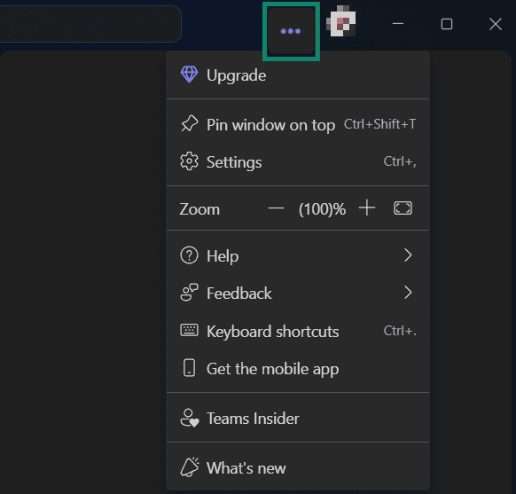 Microsoft Teams on Windows with three-dot icon highlighted and the main options menu visible.