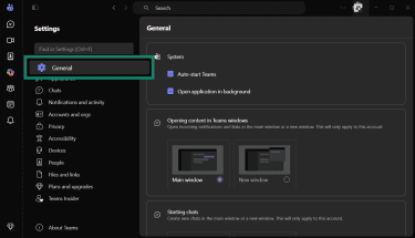 Microsoft Teams' Settings menu with a highlight over the General tab.