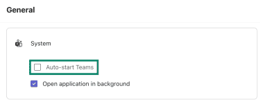 The General view of Microsoft Teams Settings, with a highlight over the Auto-start Teams option.